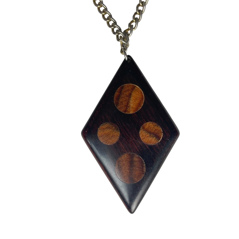 Vintage Wood Pendant Necklace Diamond Shape Chain Boho Earthy Hippie Art Unique‎